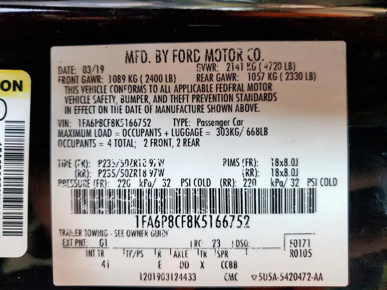 2019 Ford Mustang Gt VIN: 1FA6P8CF8K5166752 Lot: 81967125