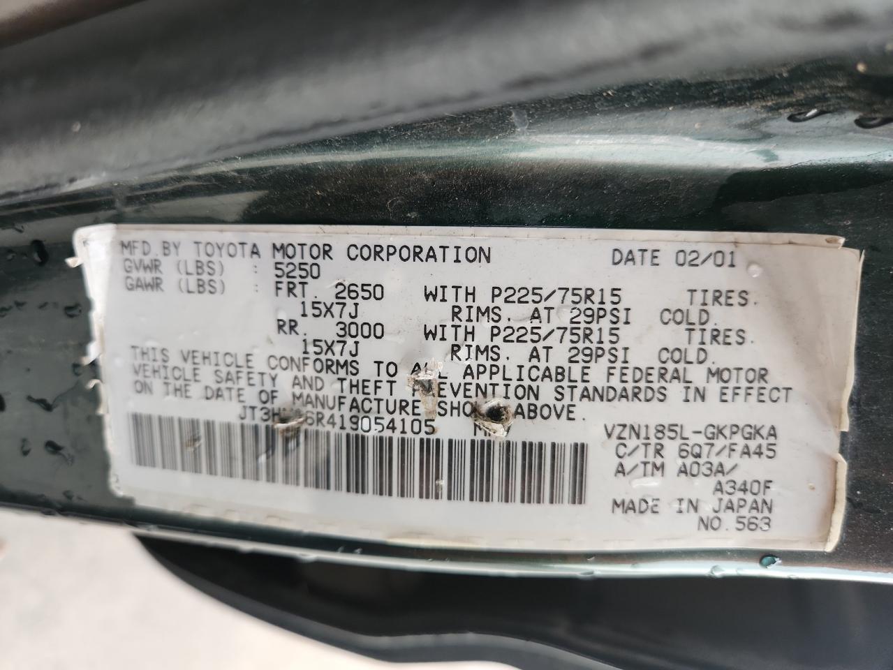 2001 Toyota 4Runner Sr5 VIN: JT3HN86R419054105 Lot: 85562325