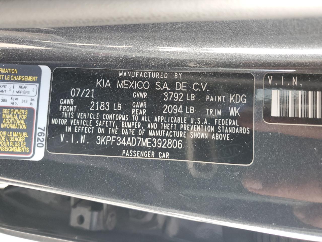 2021 Kia Forte Gt Line VIN: 3KPF34AD7ME392806 Lot: 84523185