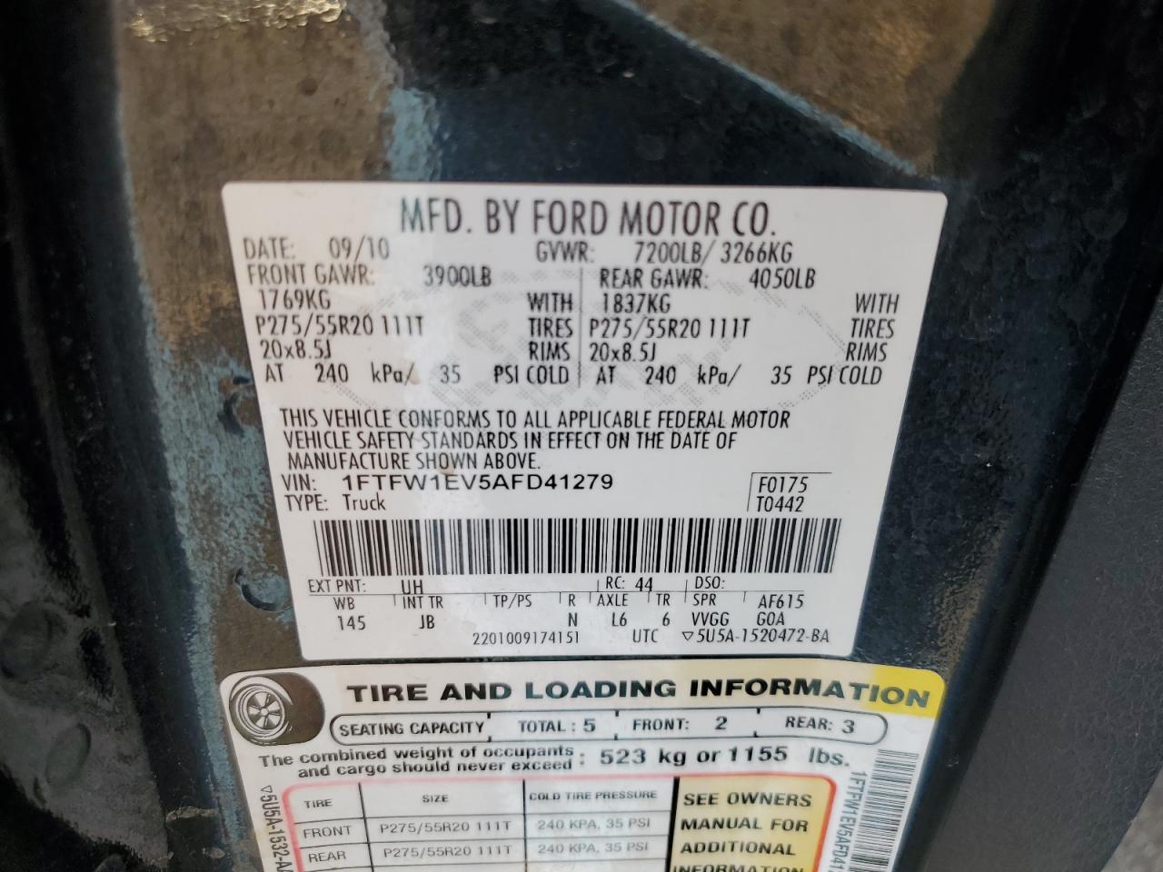 2010 Ford F150 Supercrew VIN: 1FTFW1EV5AFD41279 Lot: 84642065