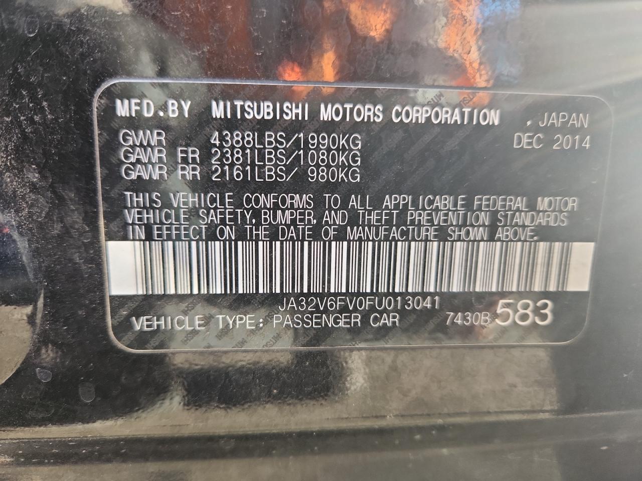 2015 Mitsubishi Lancer Ralliart VIN: JA32V6FV0FU013041 Lot: 84041165