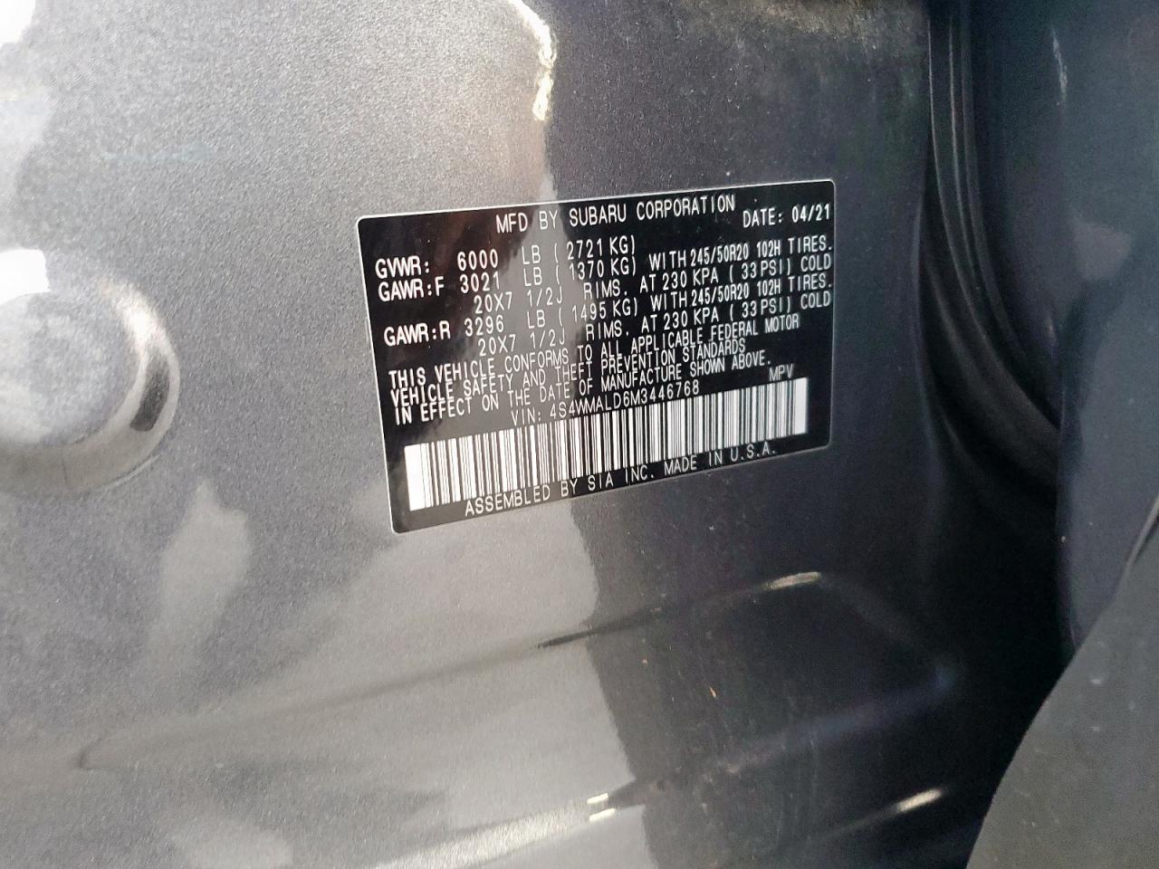 2021 Subaru Ascent Limited VIN: 4S4WMALD6M3446768 Lot: 84711395