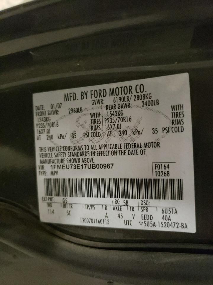 2007 Ford Explorer Xlt VIN: 1FMEU73E17UB00987 Lot: 86229725