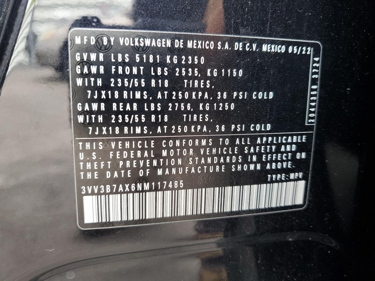 2022 Volkswagen Tiguan Se VIN: 3VV3B7AX6NM117485 Lot: 82312115