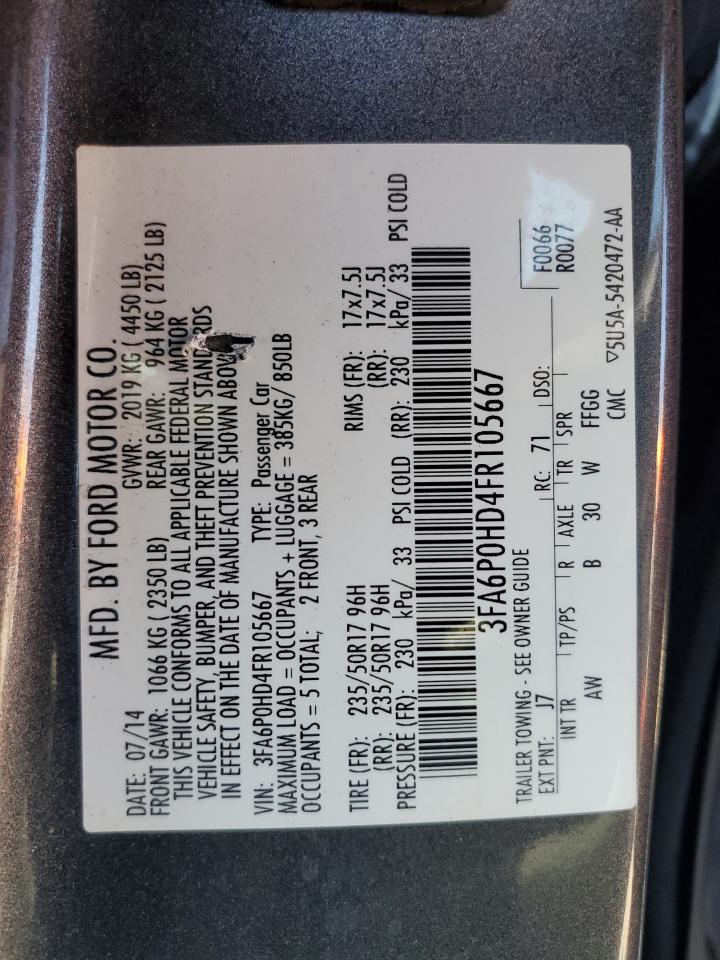 2015 Ford Fusion Se VIN: 3FA6P0HD4FR105667 Lot: 82305515