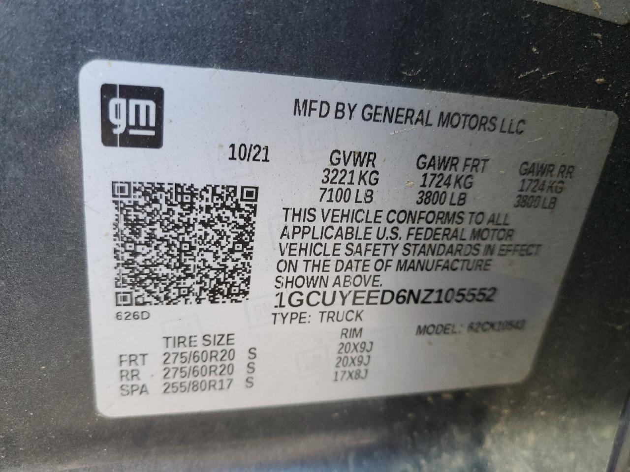 2022 Chevrolet Silverado Ltd K1500 Rst VIN: 1GCUYEED6NZ105552 Lot: 85484795