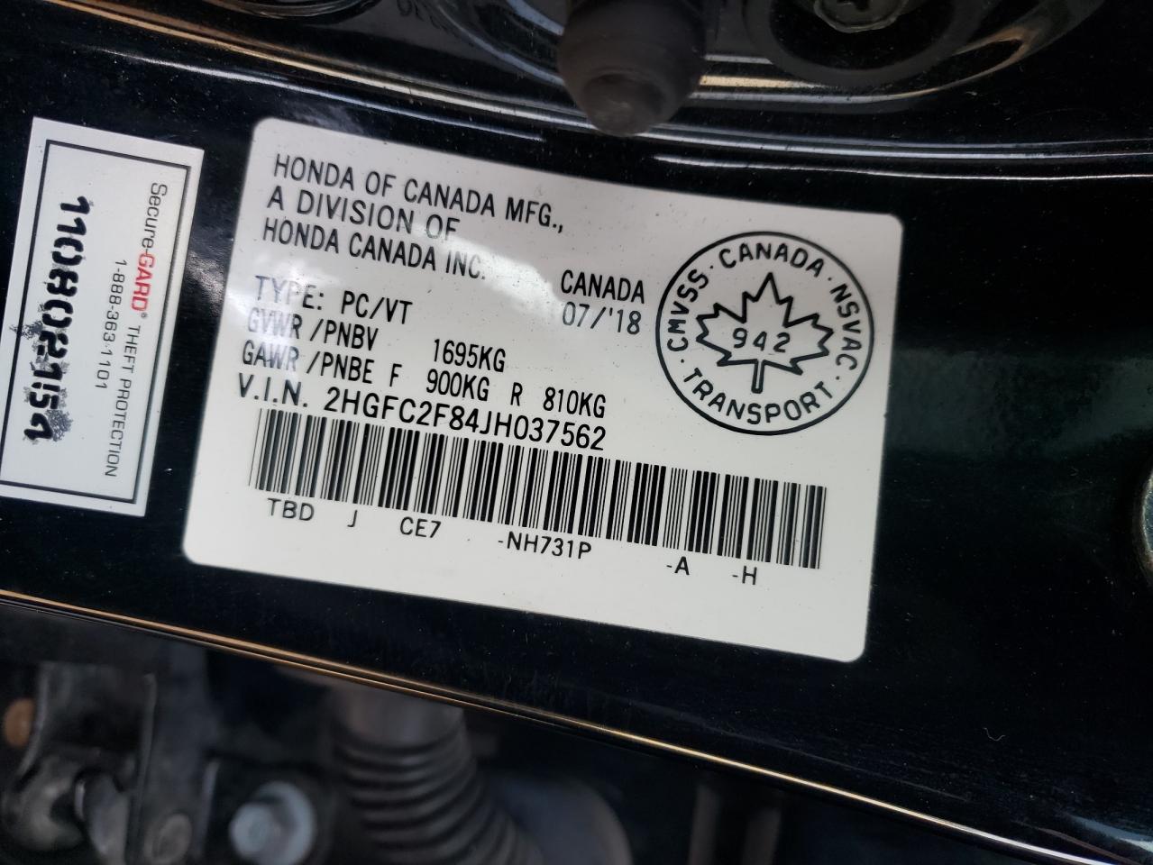 2018 Honda Civic Ex VIN: 2HGFC2F84JH037562 Lot: 86074175