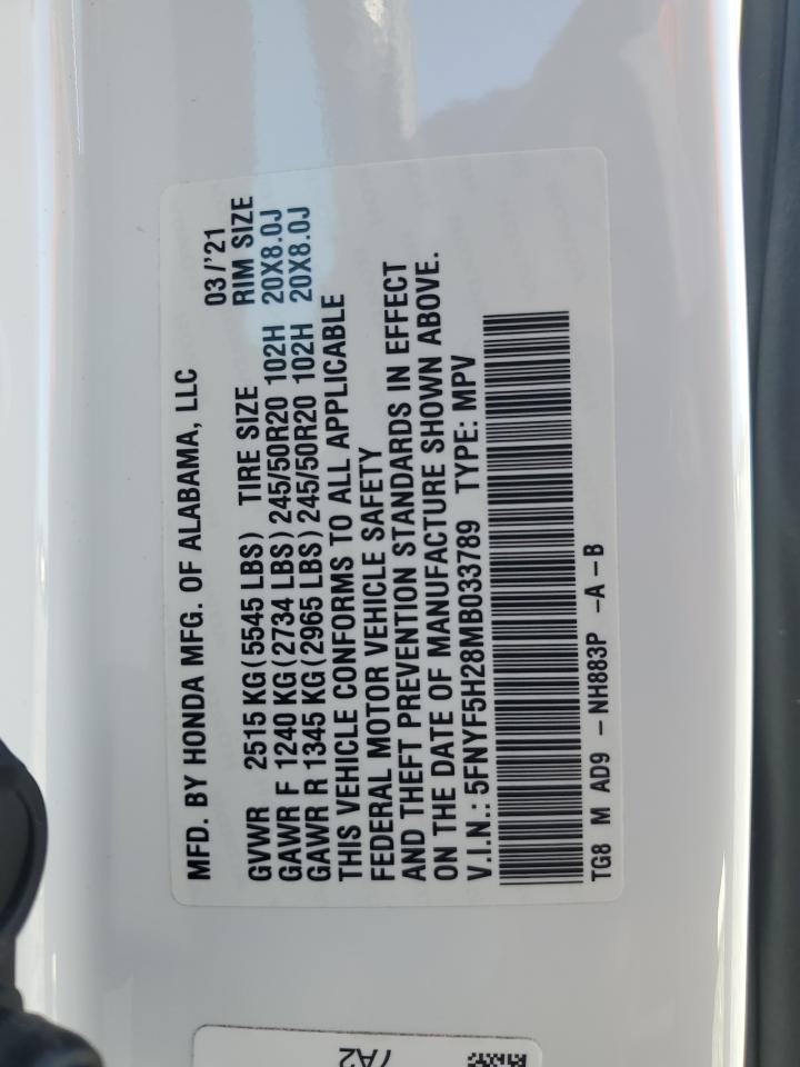 2021 Honda Pilot Se VIN: 5FNYF5H28MB033789 Lot: 69100675