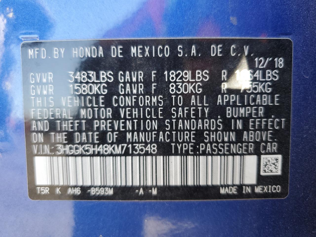 2019 Honda Fit Lx VIN: 3HGGK5H48KM713548 Lot: 82182155