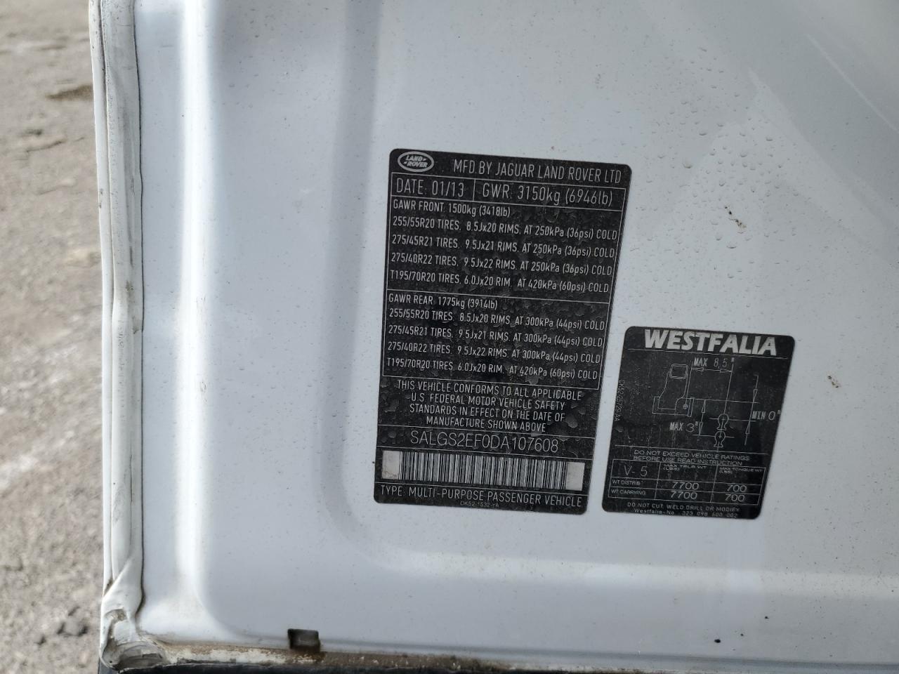 2013 Land Rover Range Rover Supercharged VIN: SALGS2EF0DA107608 Lot: 82402235