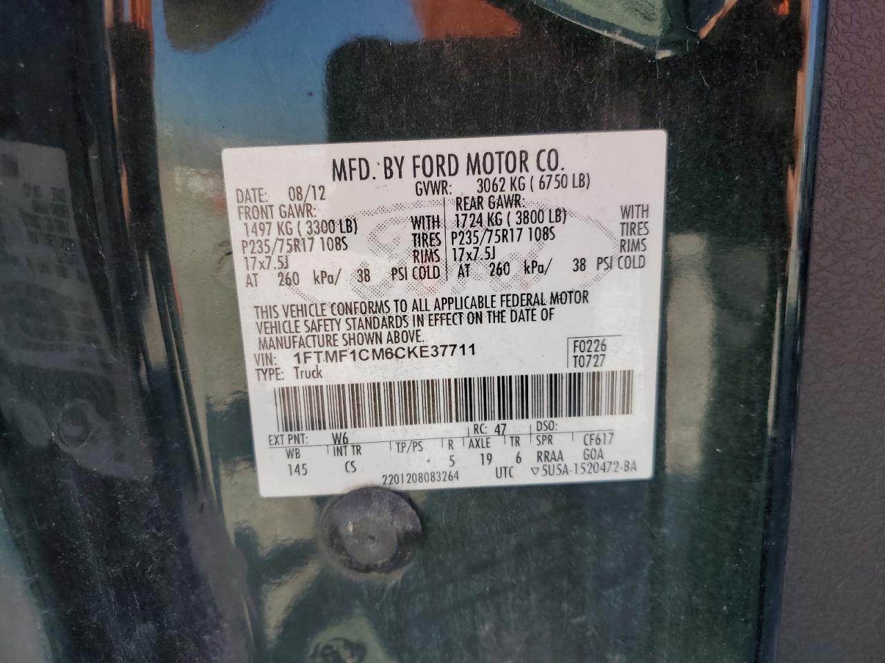 2012 Ford F150 VIN: 1FTMF1CM6CKE37711 Lot: 90053755