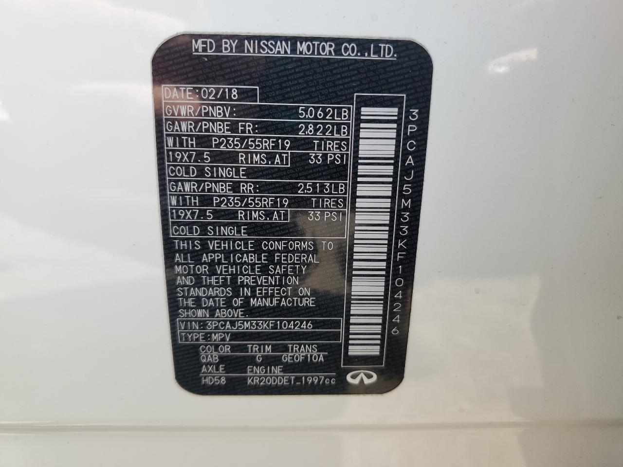 2019 Infiniti Qx50 Essential VIN: 3PCAJ5M33KF104246 Lot: 85137505