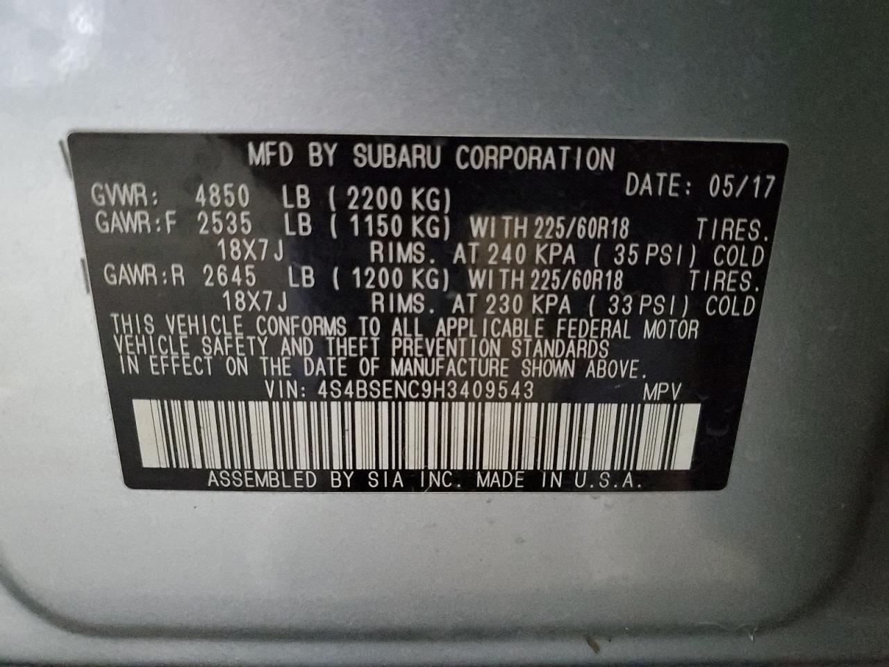 2017 Subaru Outback 3.6R Limited VIN: 4S4BSENC9H3409543 Lot: 86124045