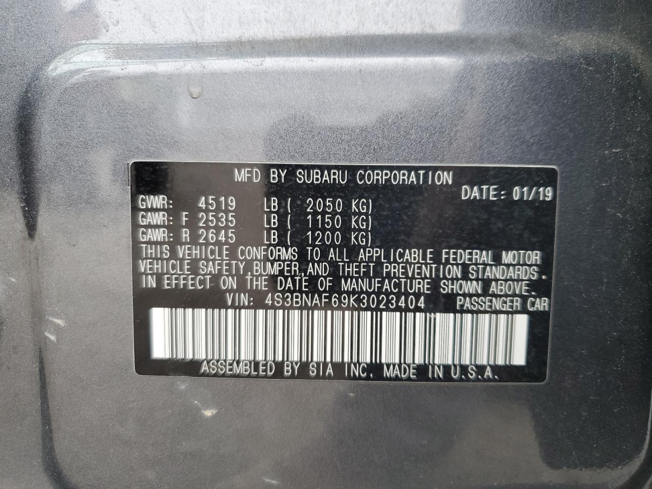 2019 Subaru Legacy 2.5I Premium VIN: 4S3BNAF69K3023404 Lot: 90686245