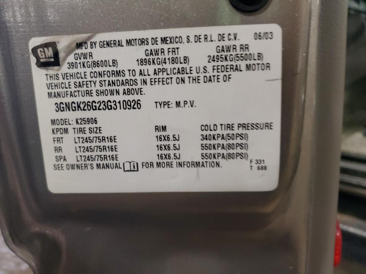 2003 Chevrolet Suburban K2500 VIN: 3GNGK26G23G310926 Lot: 85188395