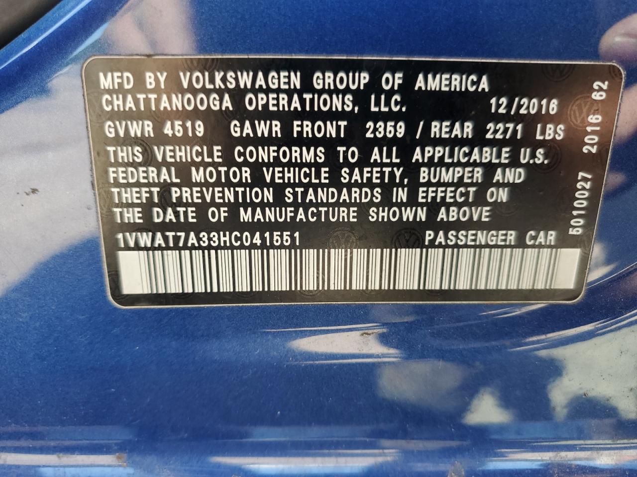 2017 Volkswagen Passat S VIN: 1VWAT7A33HC041551 Lot: 81509535