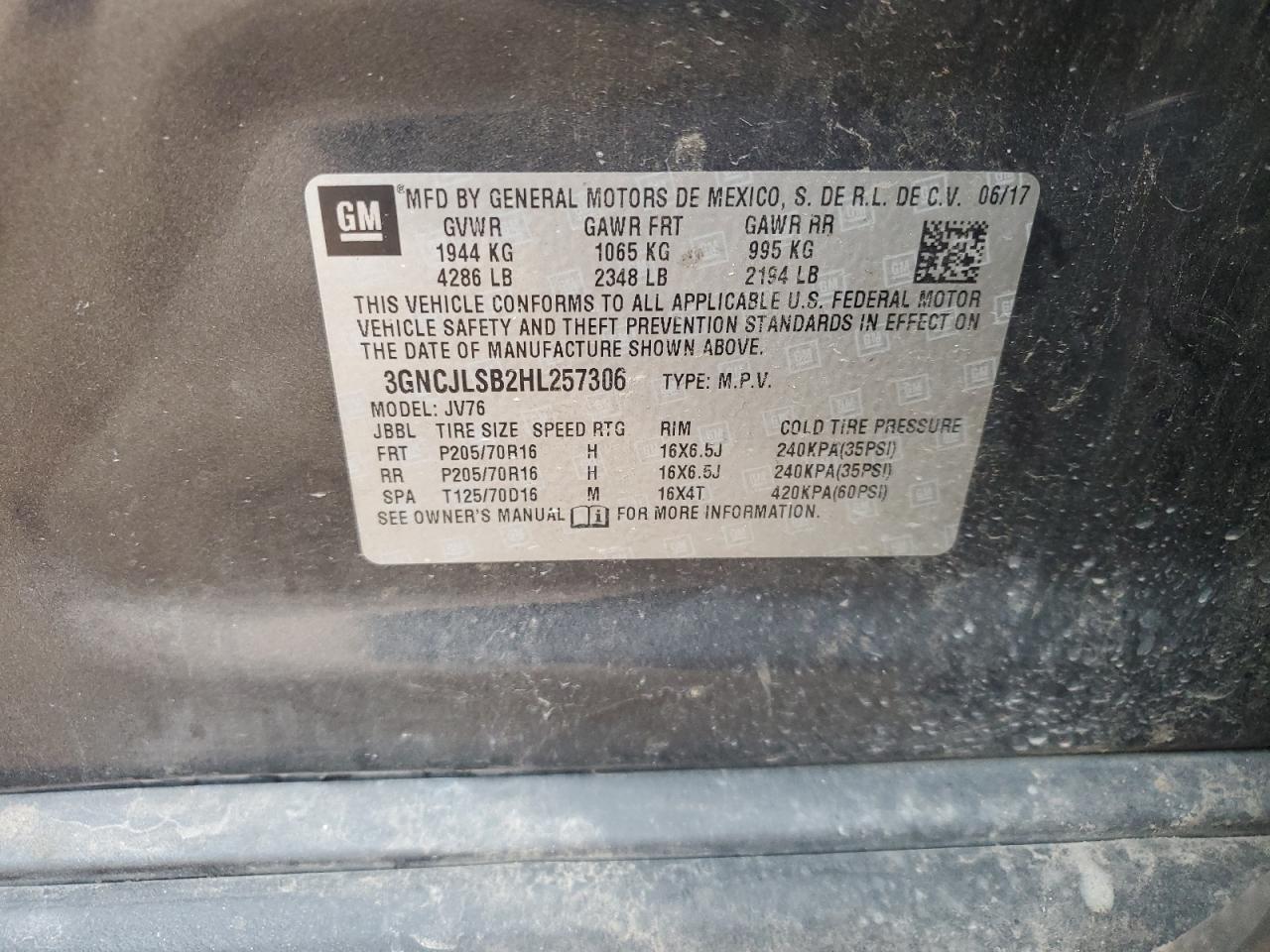 2017 Chevrolet Trax 1Lt VIN: 3GNCJLSB2HL257306 Lot: 82756005