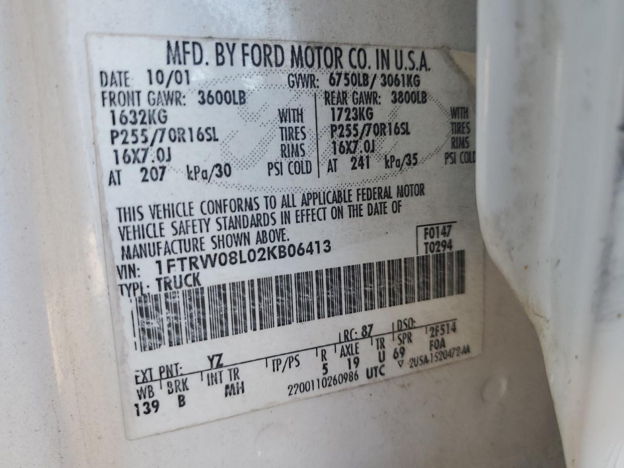 2002 Ford F150 Supercrew VIN: 1FTRW08L02KB06413 Lot: 89562125