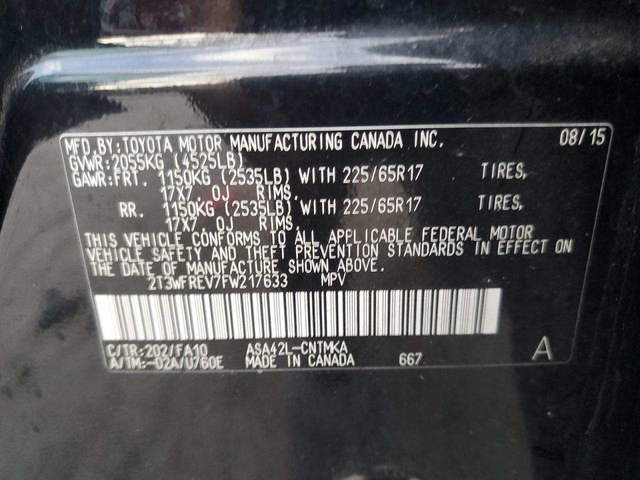 2015 Toyota Rav4 Xle VIN: 2T3WFREV7FW217633 Lot: 82190345