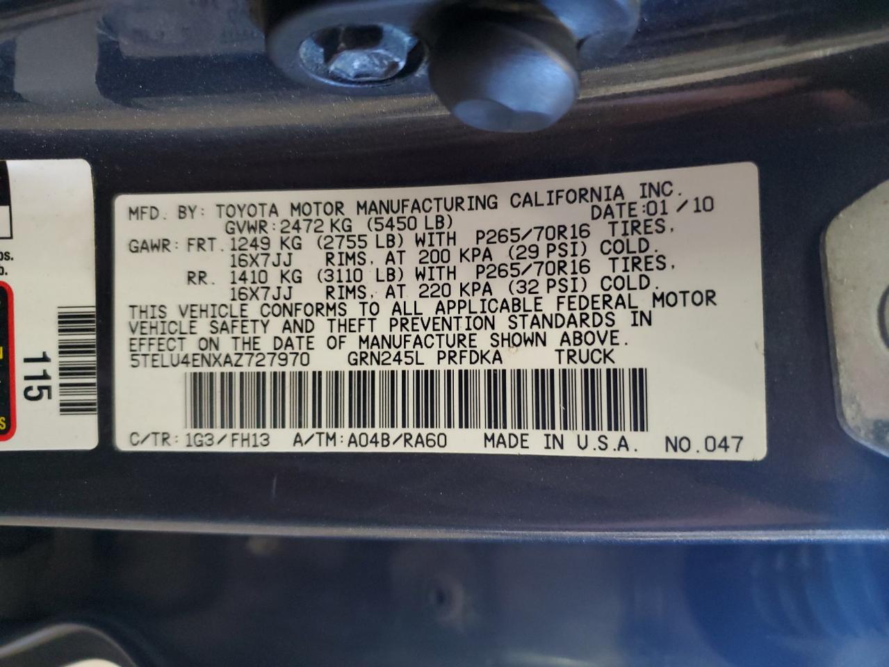 2010 Toyota Tacoma Double Cab VIN: 5TELU4ENXAZ727970 Lot: 86088535