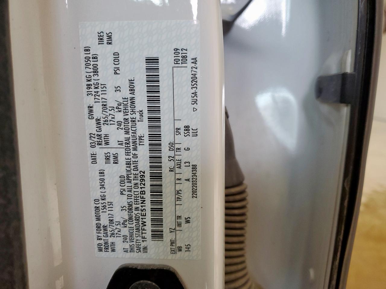 2022 Ford F150 Supercrew VIN: 1FTFW1E51NFB12992 Lot: 85361625