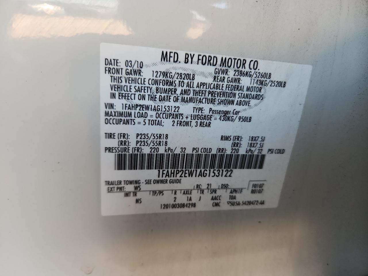 2010 Ford Taurus Sel VIN: 1FAHP2EW1AG153122 Lot: 89820775