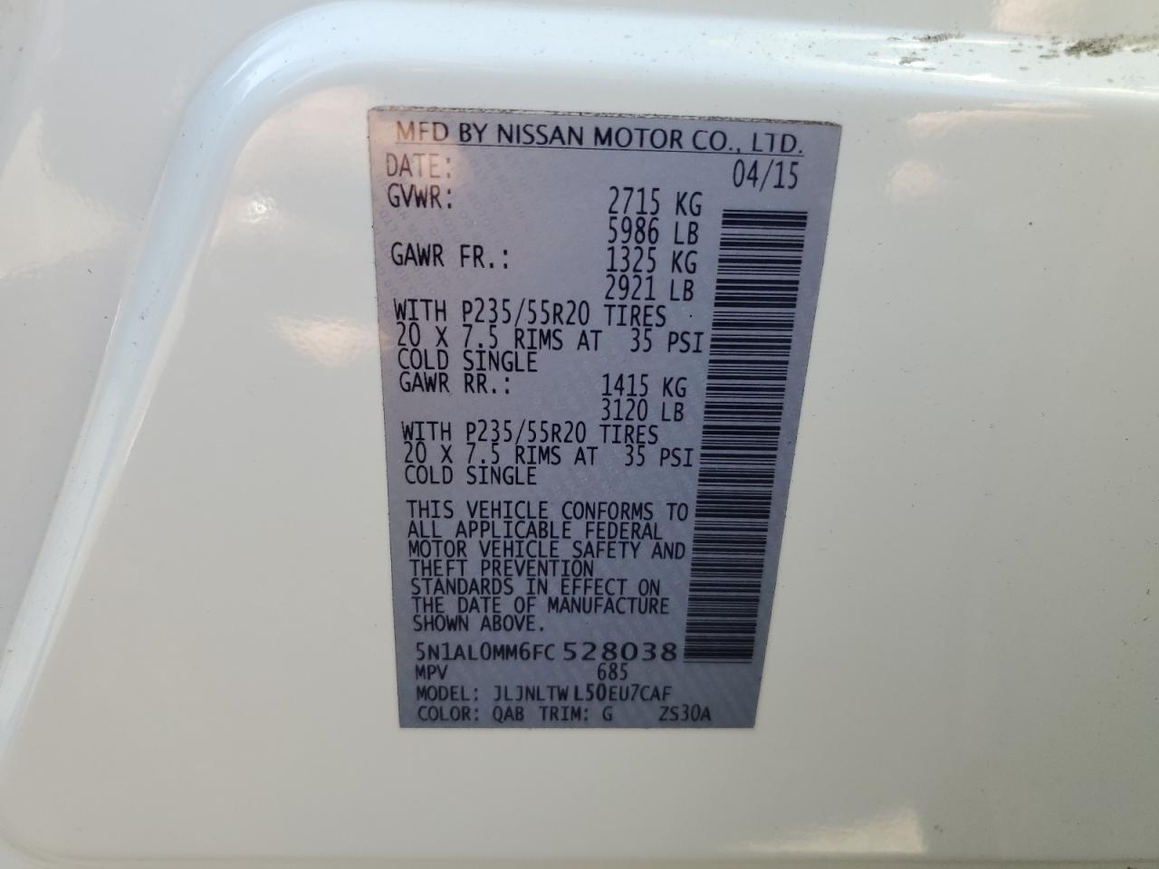 2015 Infiniti Qx60 VIN: 5N1AL0MM6FC528038 Lot: 85114255