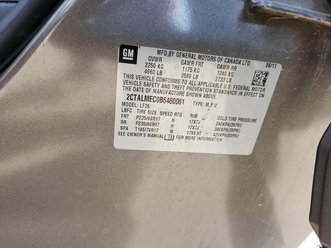 2011 GMC Terrain Sle VIN: 2CTALMEC0B6480061 Lot: 85913225