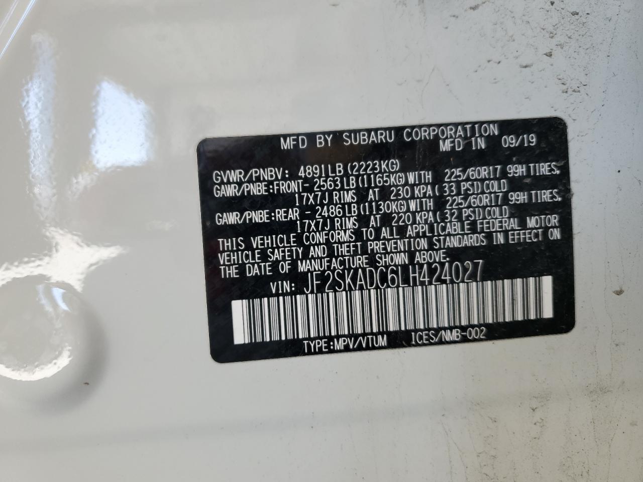 2020 Subaru Forester VIN: JF2SKADC6LH424027 Lot: 85579085