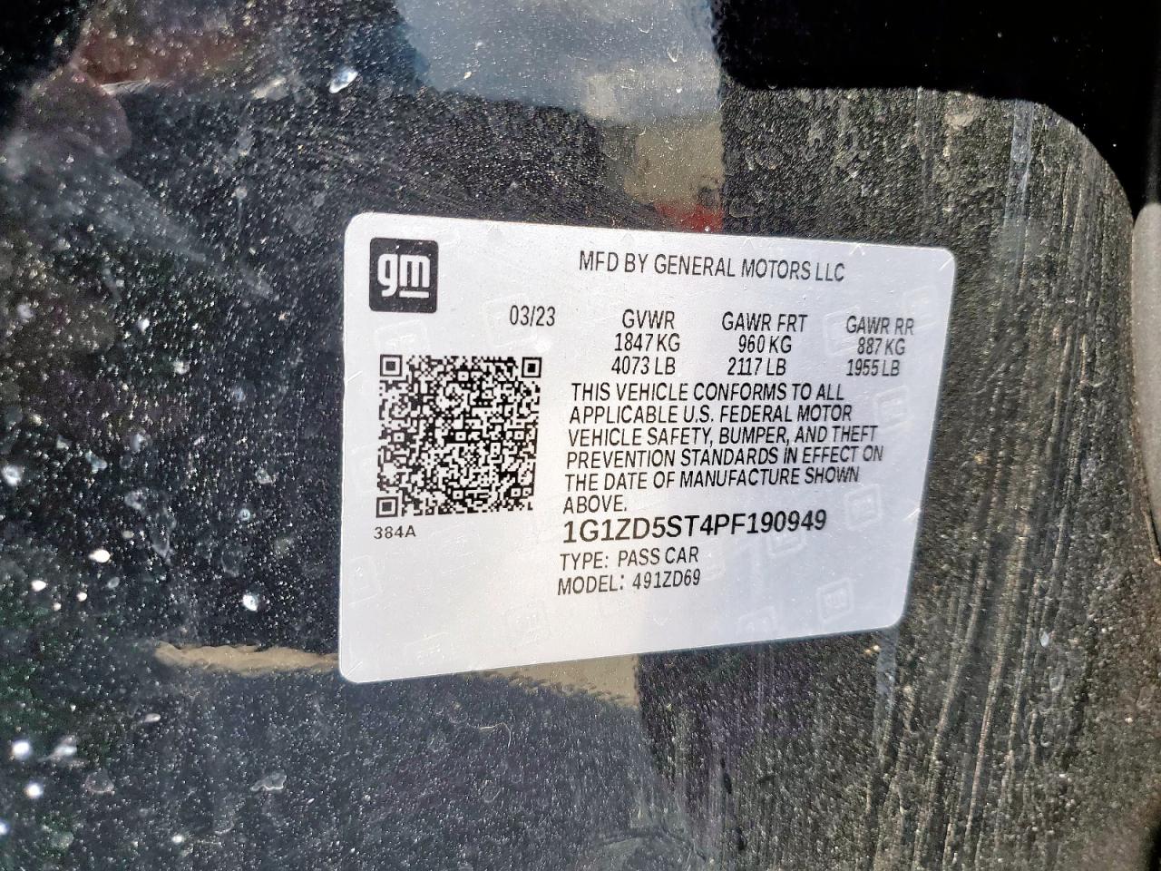 2023 Chevrolet Malibu Lt VIN: 1G1ZD5ST4PF190949 Lot: 85513055
