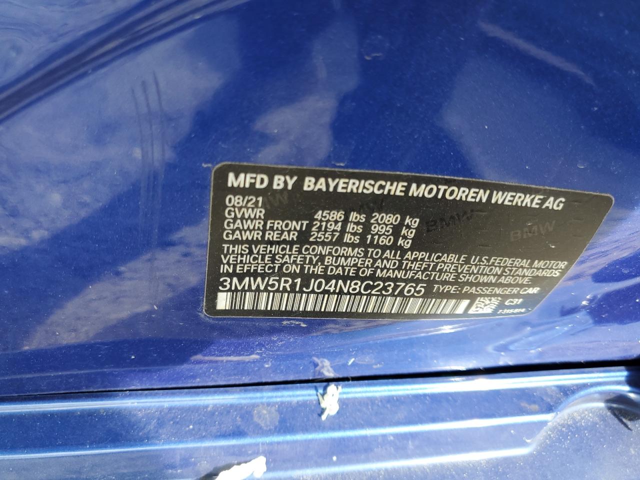 2022 BMW 330I VIN: 3MW5R1J04N8C23765 Lot: 85726465