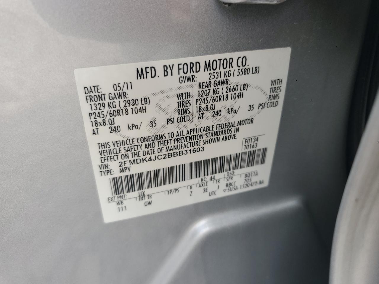 2011 Ford Edge Sel VIN: 2FMDK4JC2BBB31603 Lot: 84804545