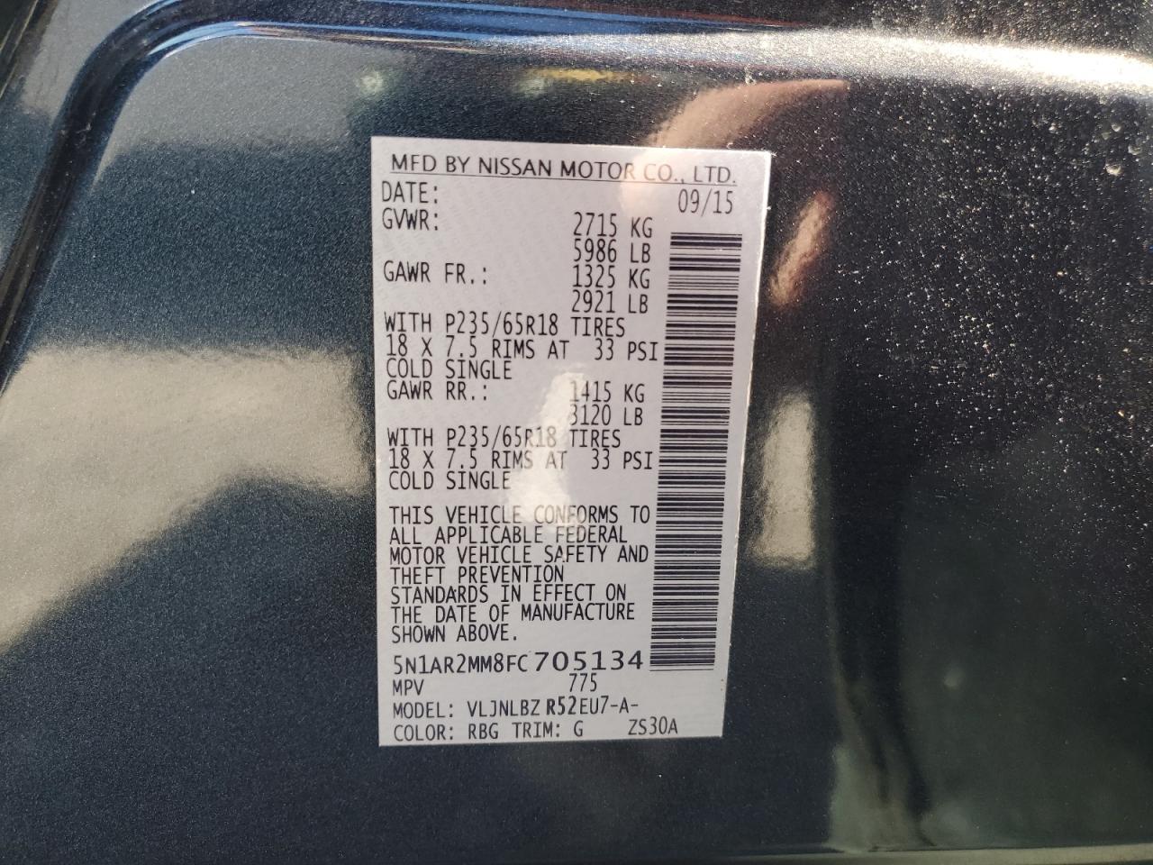 2015 Nissan Pathfinder S VIN: 5N1AR2MM8FC705134 Lot: 86849345