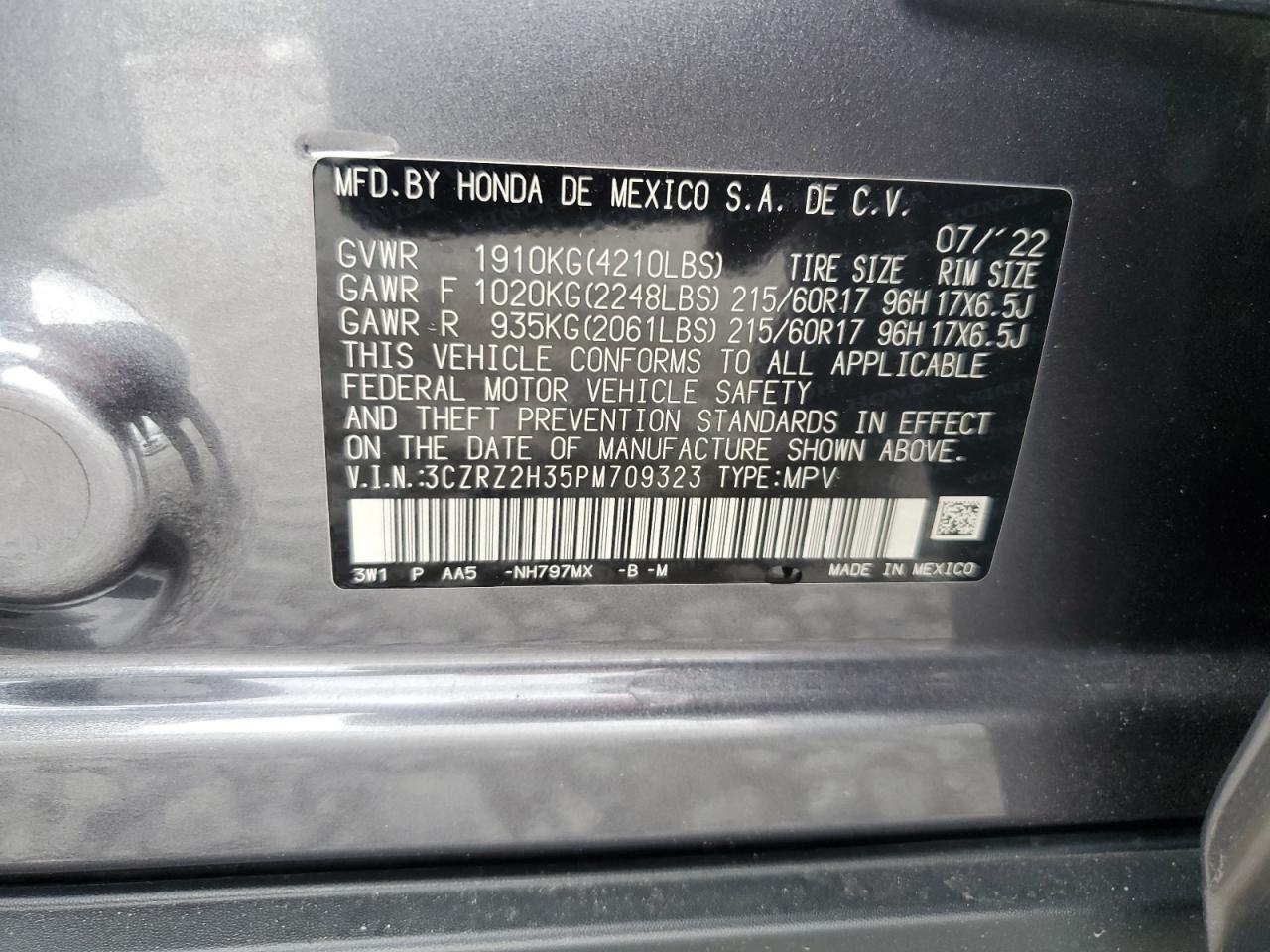 2023 Honda Hr-V Lx VIN: 3CZRZ2H35PM709323 Lot: 85583845