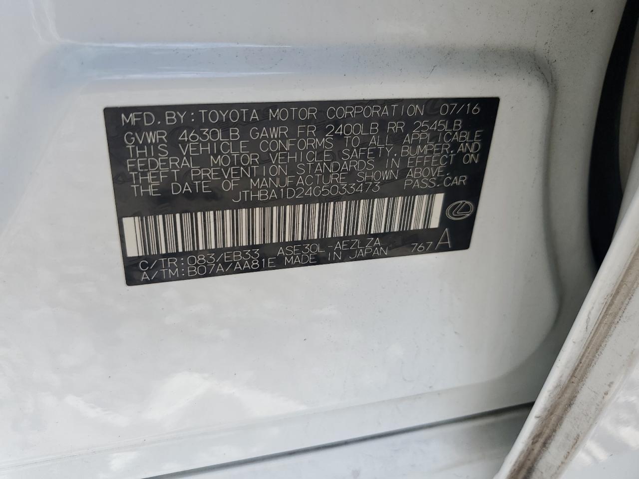 2016 Lexus Is 200T VIN: JTHBA1D24G5033473 Lot: 82256875