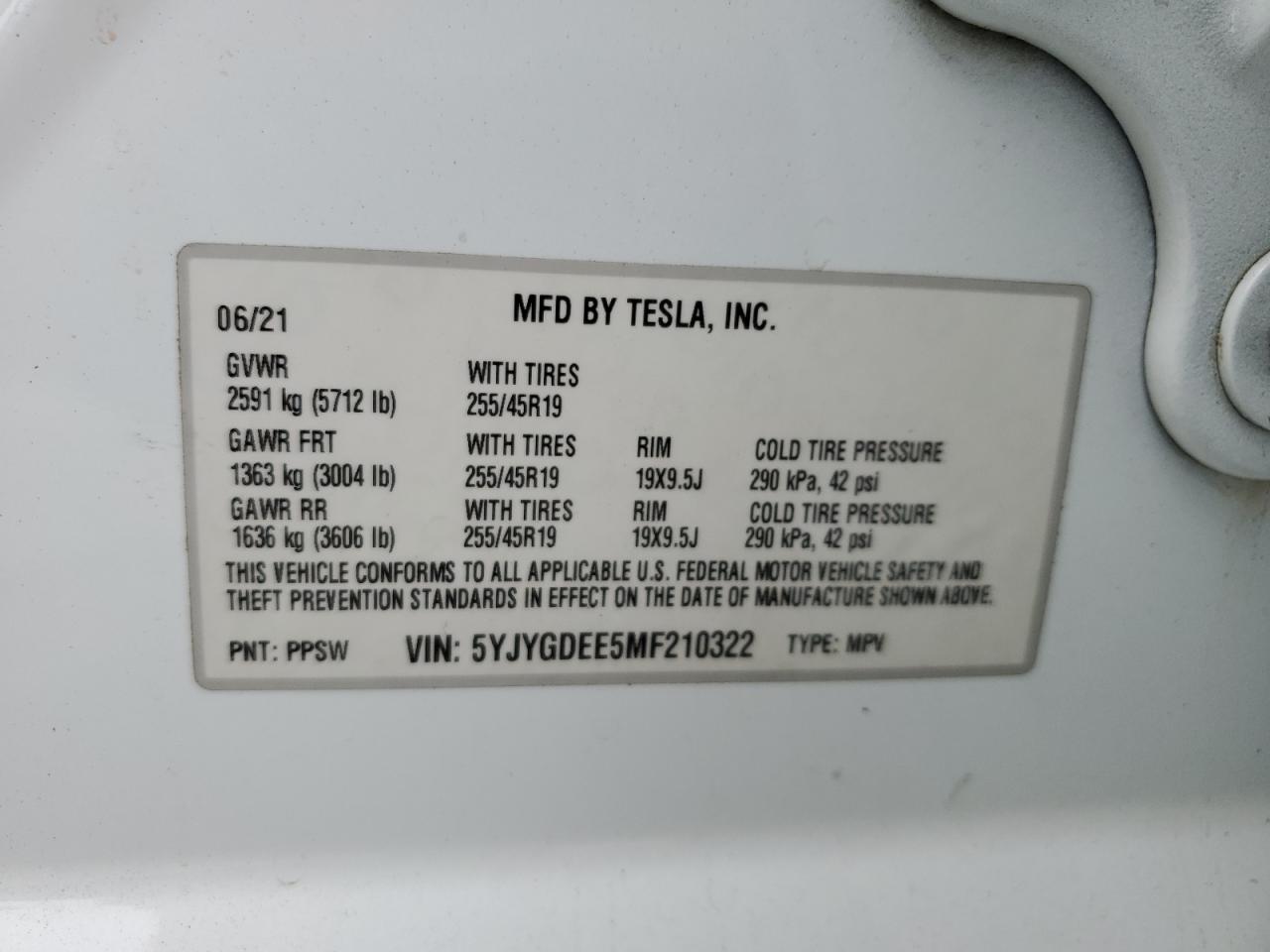 2021 Tesla Model Y VIN: 5YJYGDEE5MF210322 Lot: 90265075