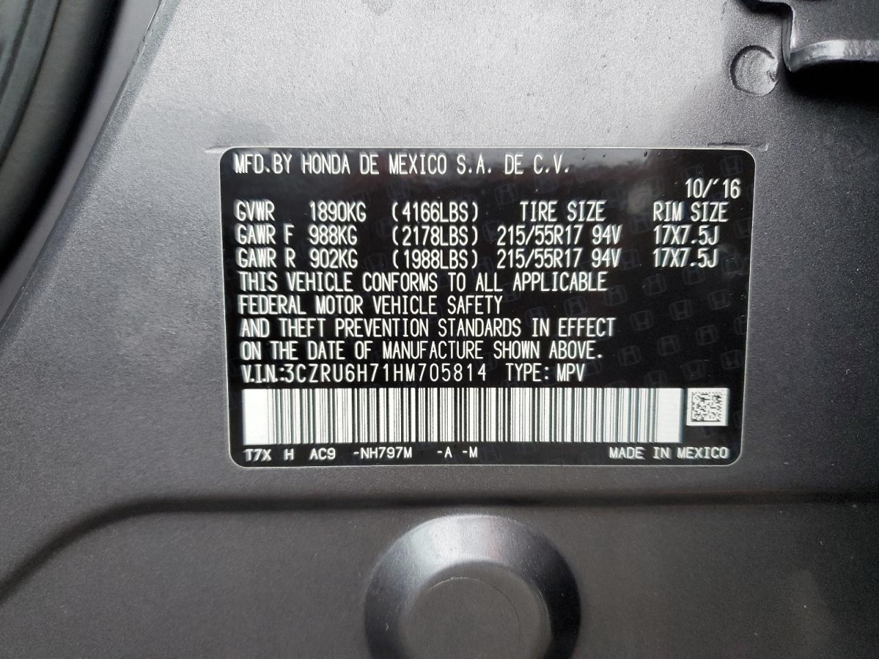 2017 Honda Hr-V Exl VIN: 3CZRU6H71HM705814 Lot: 85081815