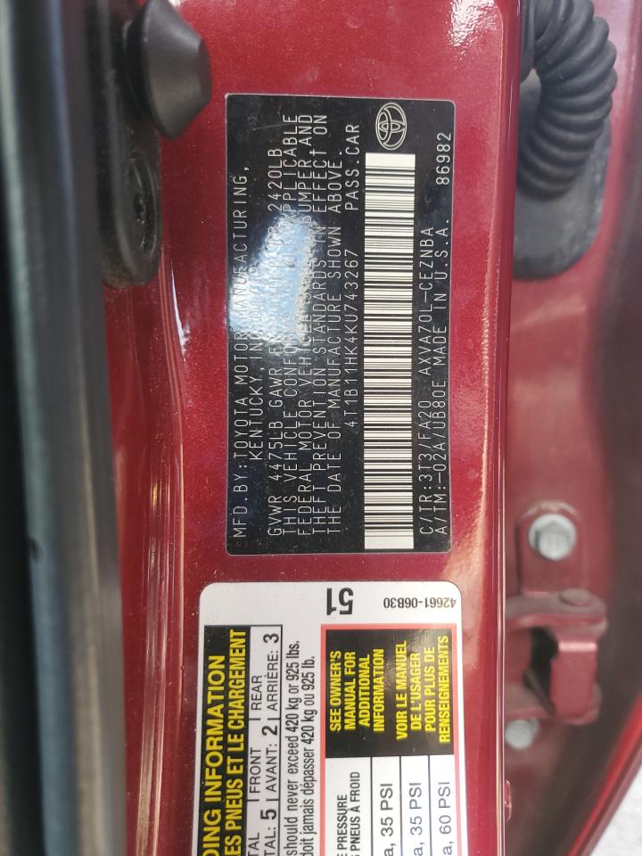 2019 Toyota Camry L VIN: 4T1B11HK4KU743267 Lot: 86238455