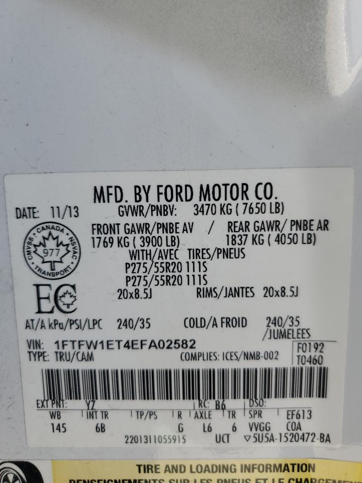 2014 Ford F150 Supercrew VIN: 1FTFW1ET4EFA02582 Lot: 86886285