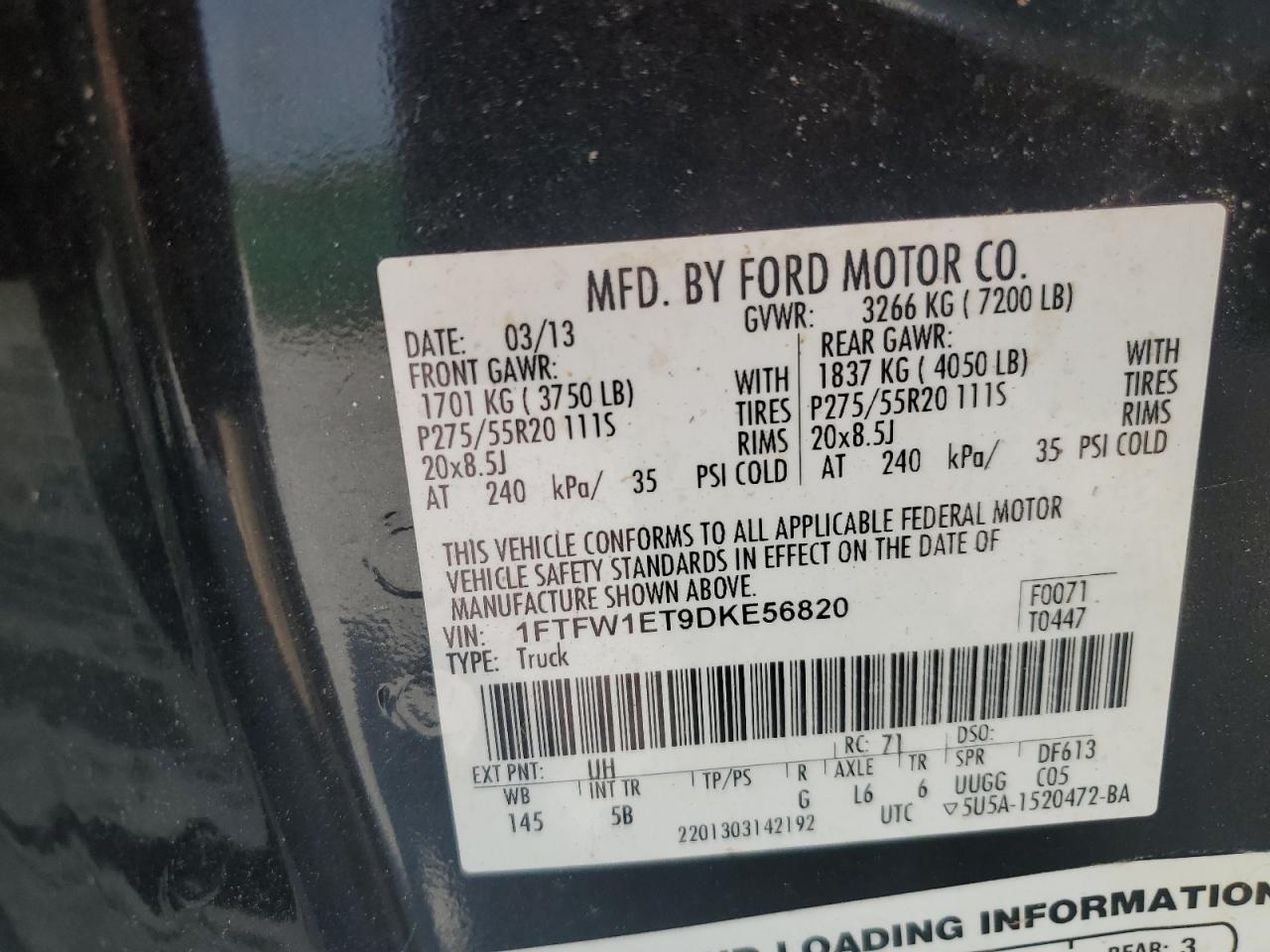 2013 Ford F150 Supercrew VIN: 1FTFW1ET9DKE56820 Lot: 81911025