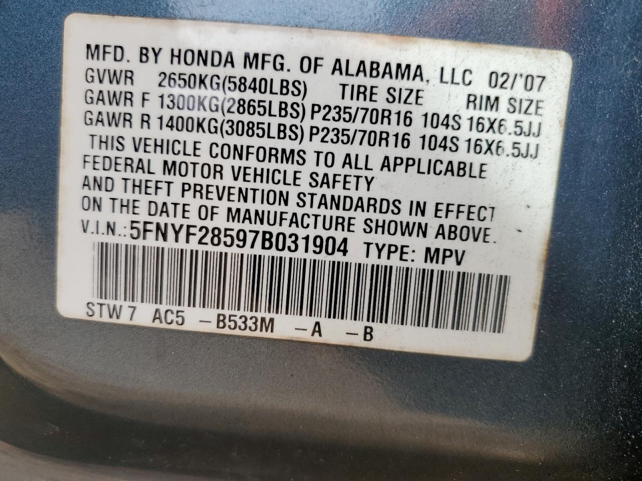 2007 Honda Pilot Exl VIN: 5FNYF28597B031904 Lot: 81639795