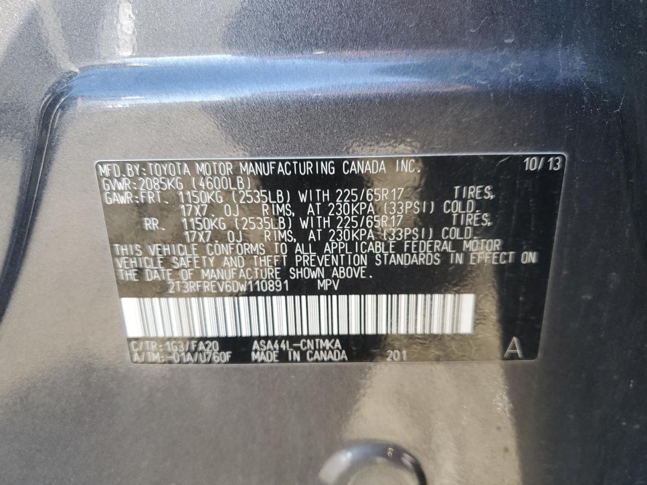 2013 Toyota Rav4 Xle VIN: 2T3RFREV6DW110891 Lot: 85586125