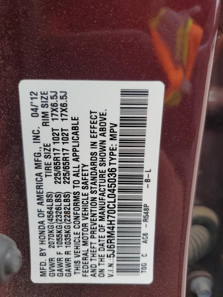 2012 Honda Cr-V Exl VIN: 5J6RM4H70CL045036 Lot: 85550875