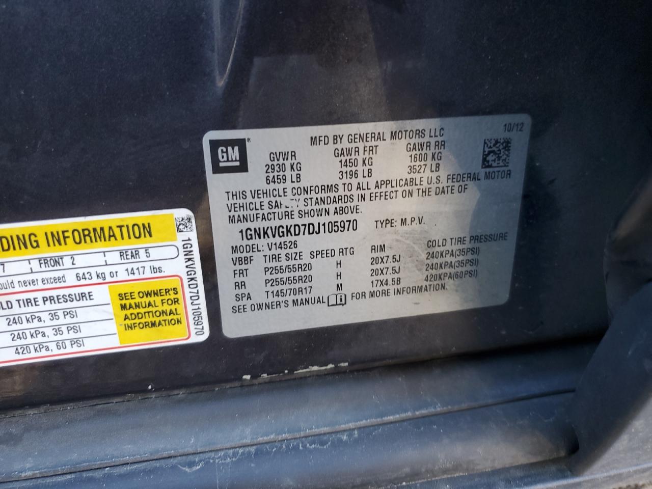 2013 Chevrolet Traverse Lt VIN: 1GNKVGKD7DJ105970 Lot: 85721495