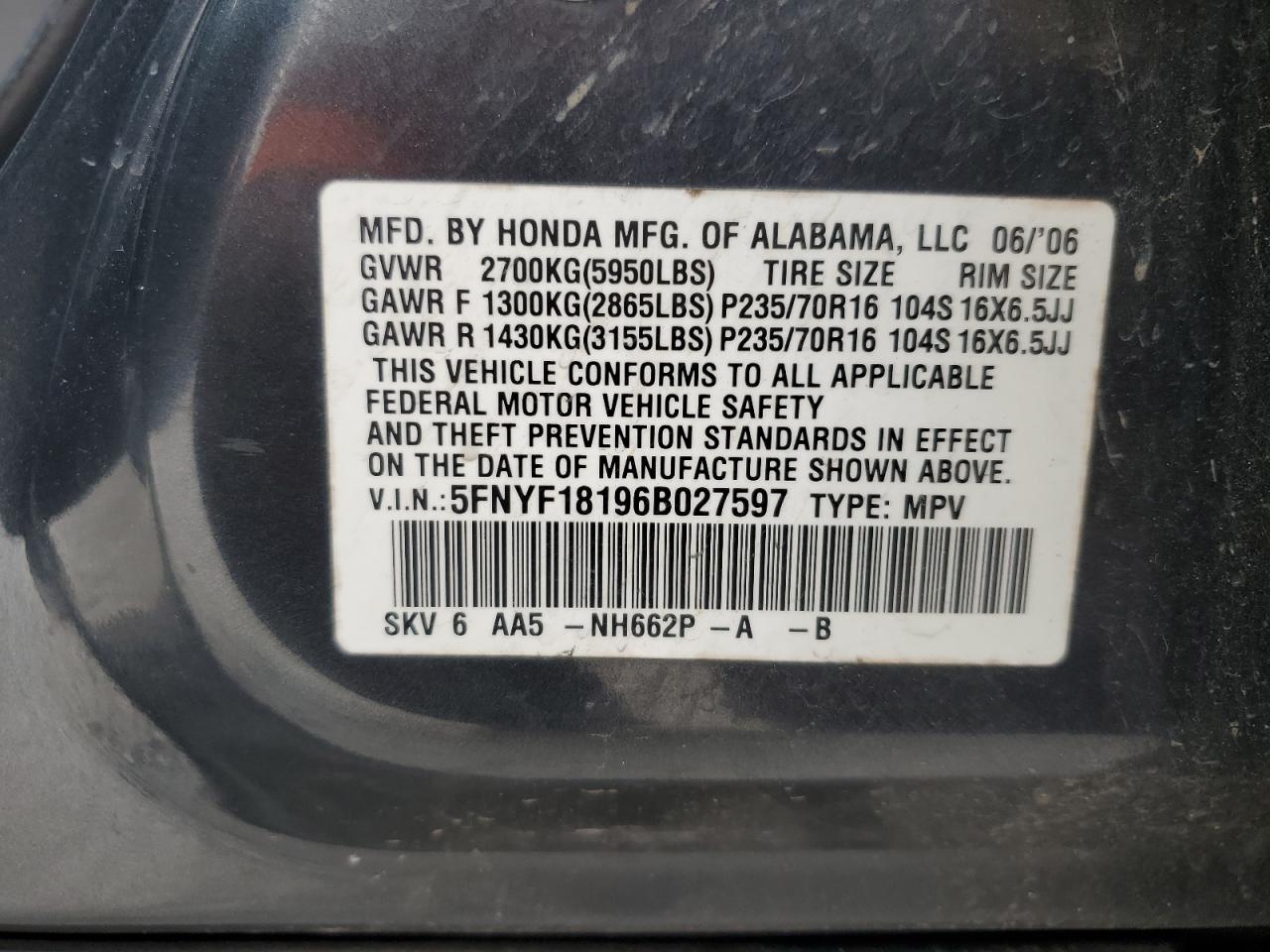 2006 Honda Pilot Lx VIN: 5FNYF18196B027597 Lot: 89926765