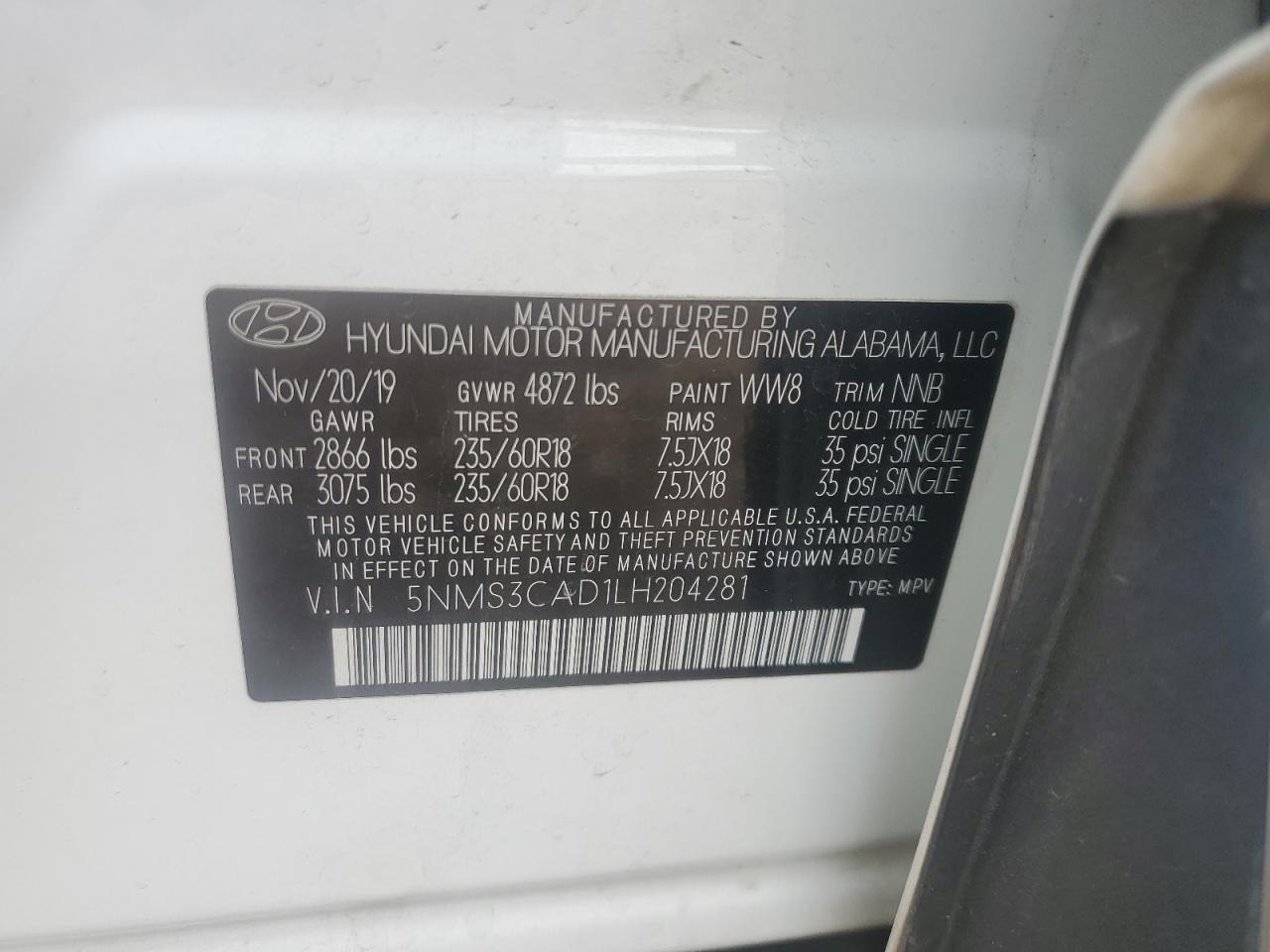 2020 Hyundai Santa Fe Sel VIN: 5NMS3CAD1LH204281 Lot: 81945815