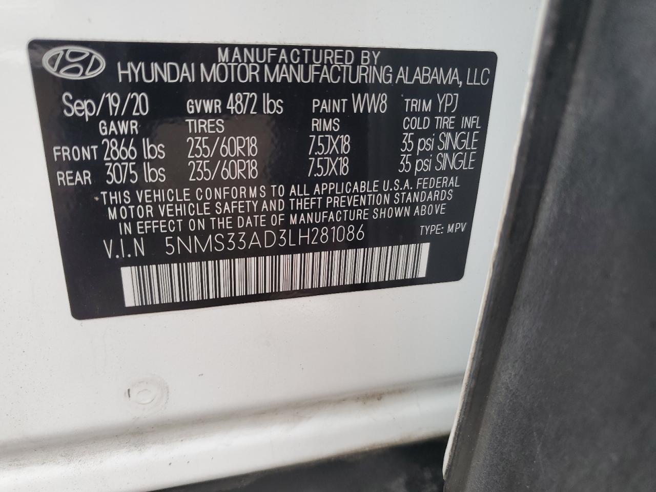 2020 Hyundai Santa Fe Sel VIN: 5NMS33AD3LH281086 Lot: 85649225