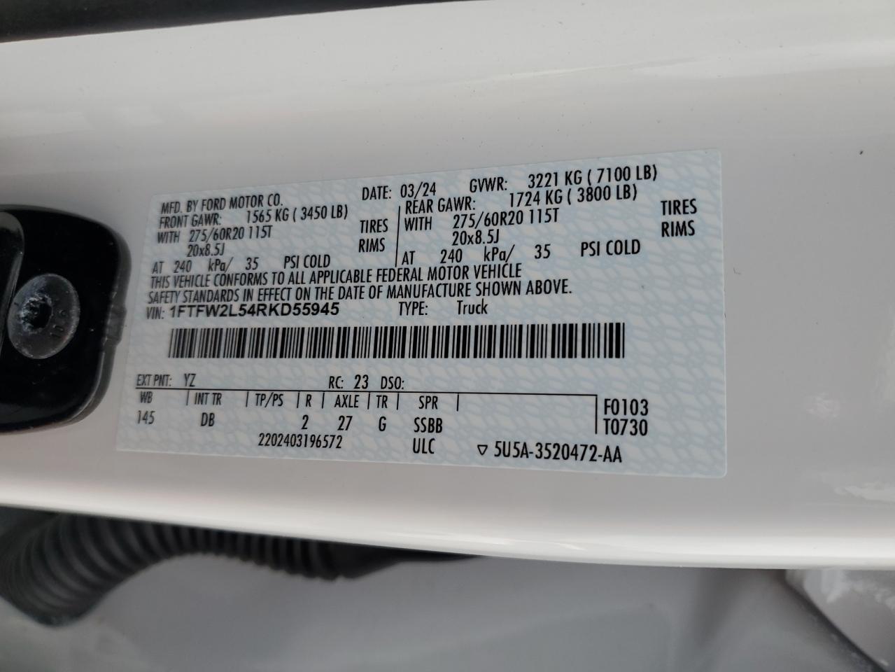 2024 Ford F150 Stx VIN: 1FTFW2L54RKD55945 Lot: 86656005