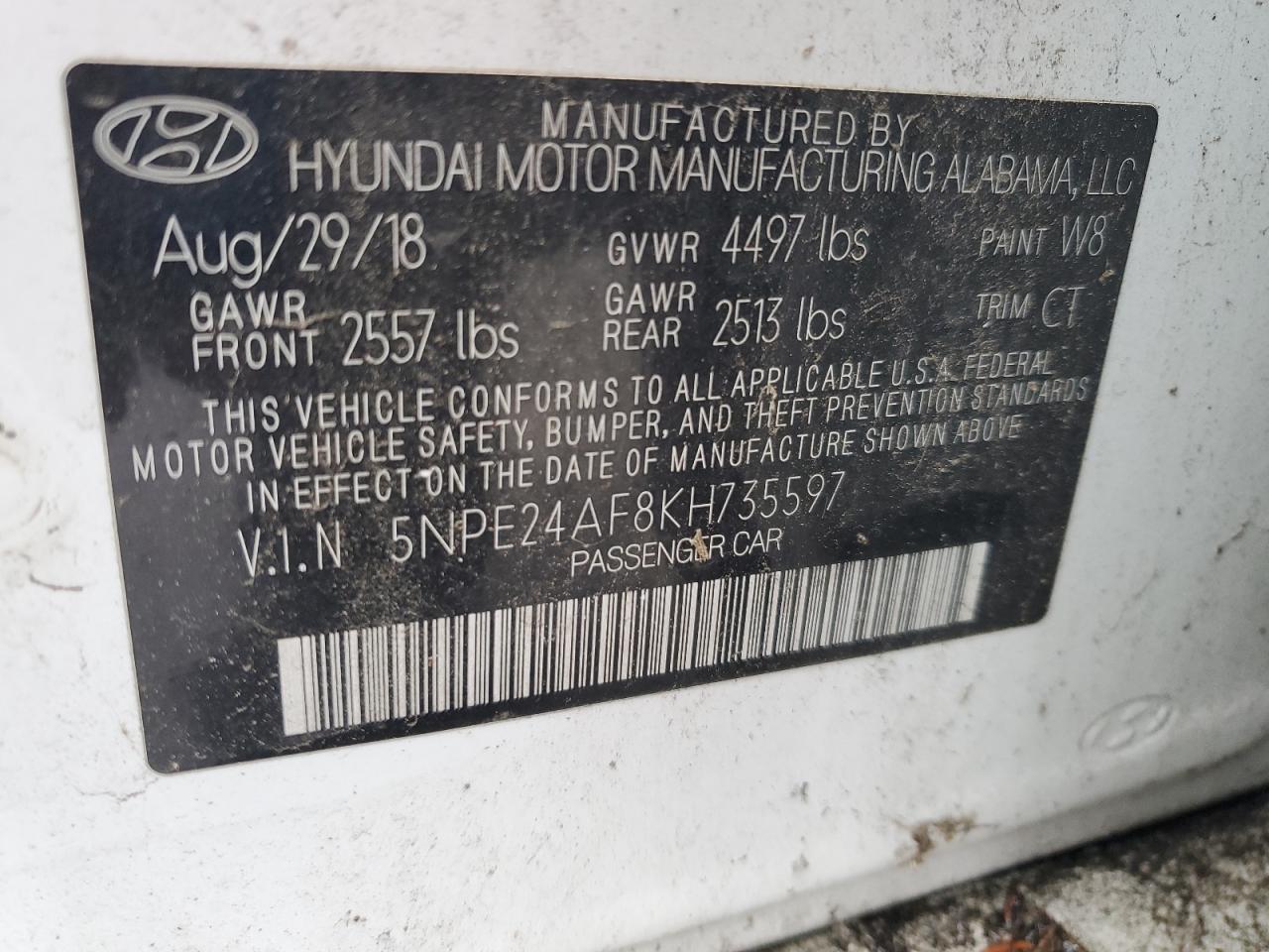 2019 Hyundai Sonata Se VIN: 5NPE24AF8KH735597 Lot: 86607355