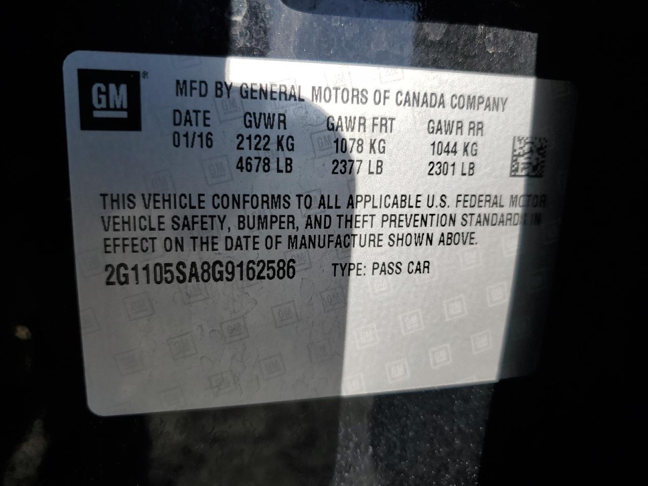 2016 Chevrolet Impala Lt VIN: 2G1105SA8G9162586 Lot: 84815355